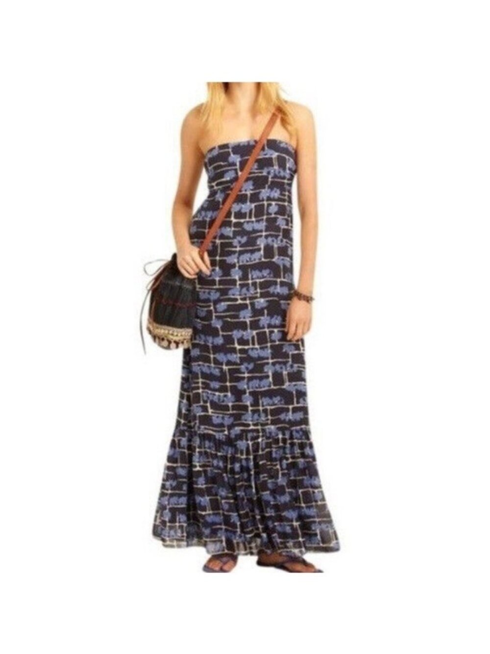 Calypso St Barth Women's Silk Strapless Ruffle Maxi Dress Blue Elephants Sz XS